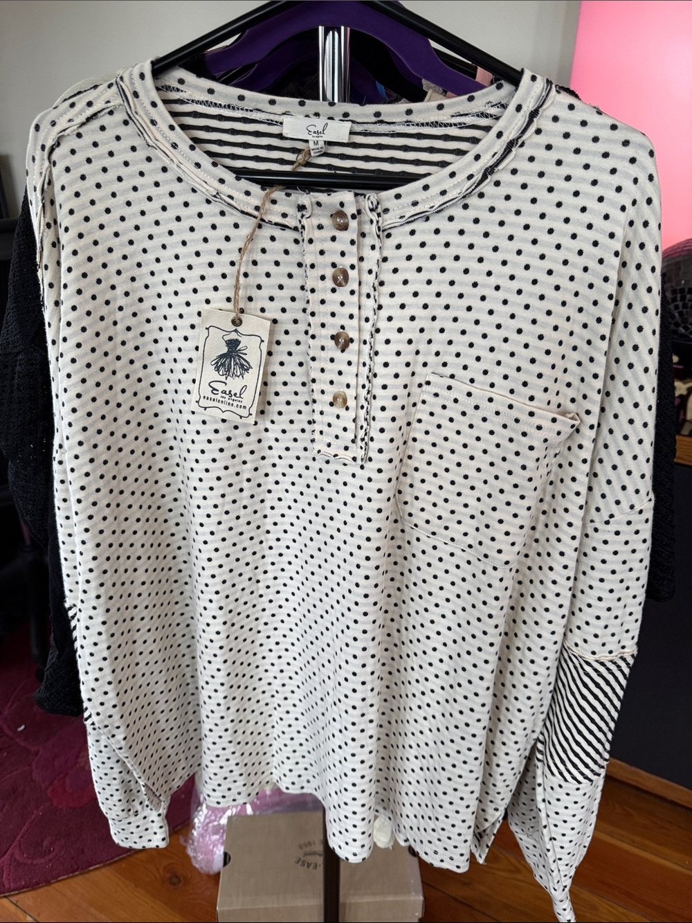 easel Cream and Black Polka Dot Long-Sleeve Henley Top